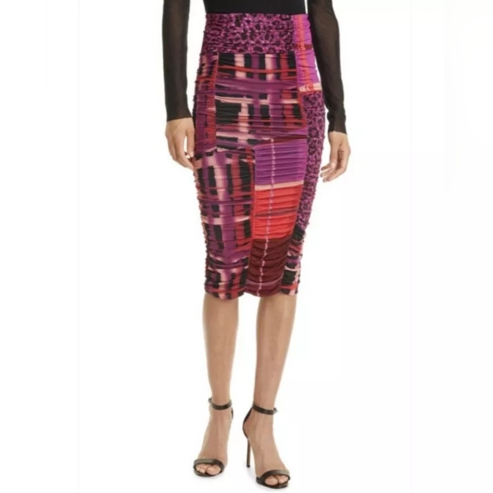 Fuzzi‎ Gardenia Gonna Corta Patchwork Look Stretchy Midi Ruched Skirt XS New